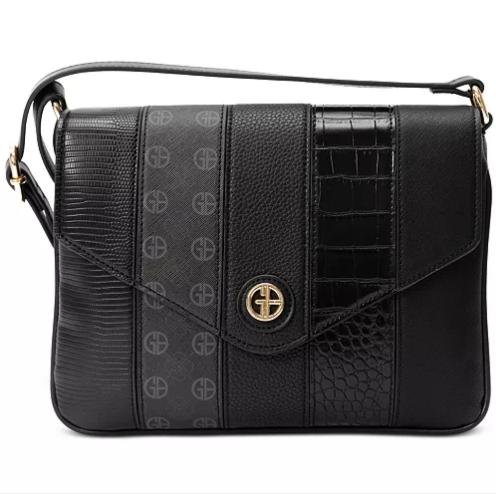 Giani Bernini Croc Embossed Colorblock Black Crossbody with Goldtone Accents